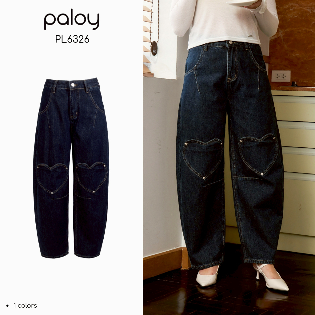 [Pre-order 14-30 วัน] Paloy - PL6326 Dear Heart Jeans กางเกงยีนส์ทรง Barrel Detail แต่งกระเป๋าหัวใจช่วงเข่า ปักลาย