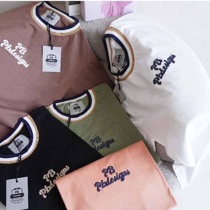 เสื้อยืดแขนสั้นPB DESIGN PB61 คอทอถัก ผ้าคอตตอนทรงตรง คอกลม S-3X