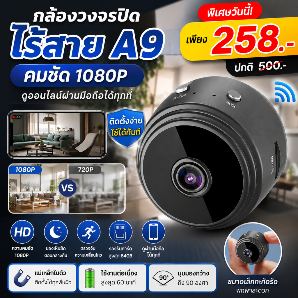 🚗จัดส่งด่วน🚗 A9 Mini HD1080P Wifi กล้องวงจรปิดไร้สาย ไม่ต้องเดินสายไฟ กล้องรักษาความปลอดภัย ดูผ่านมือถือ Night Vision