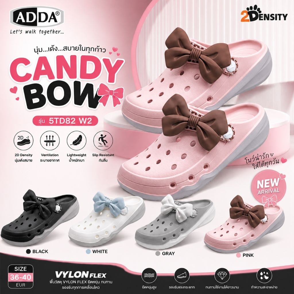 ADDA 2density รองเท้าแตะ รองเท้าลำลองผู้หญิง แบบสวมหัวโต Candy Bow รุ่น 5TD82W2 (ไซส์ 4-6)