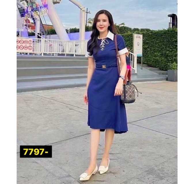 พร้อมส่ง เติม S-2XL⚡️AR 7797 เดรส สีกรม ดีเทลเก๋+เข็มขัด สวยหรูโดดเด่น luxury style