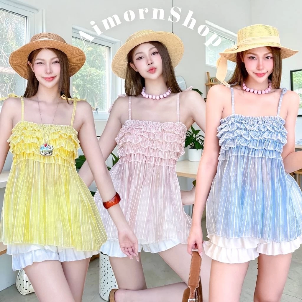 🔥aimorn_shop🔥เสื้อสายเดี่ยวผูกไหล่ ตีเกล็ดระบายช่วงอกสวยมาก ผ้าโรซี่ งานผ้าบางพริ้ว ใส่สบาย