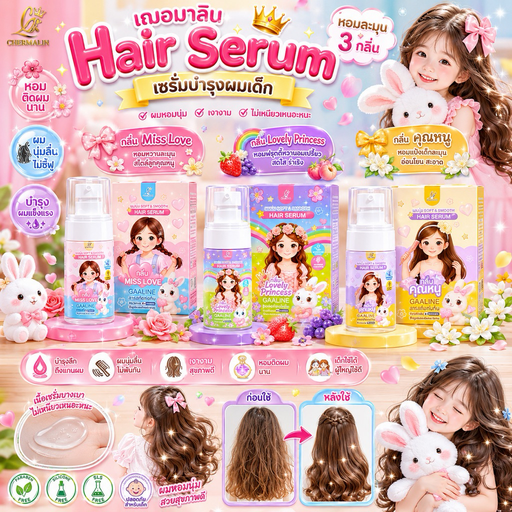 Hair Serum เซรั่มบำรุงผม -กลิ่นMisslove,กลิ่นคุณหนู และ กลิ่นLovely Princess  กลิ่นเจ้าหญิง  สารสกัดนำเข้าจากฝรั่งเศส