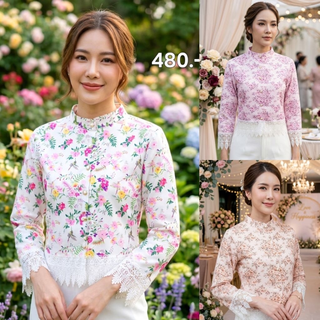 อก34-54นิ้วเสื้อใยกัญชงพิมพ์ลายดิจิตอลอัดกาวแต่งเชิงลูกไม้พรีเมี่ยม