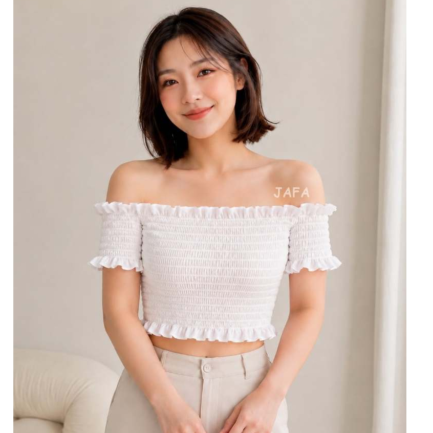 JA020 อก 34-48 เสื้อครอปเปิดไหล่ สม็อคทั้งตัว สาวอวบ สาวอ้วน ไซส์ใหญ่