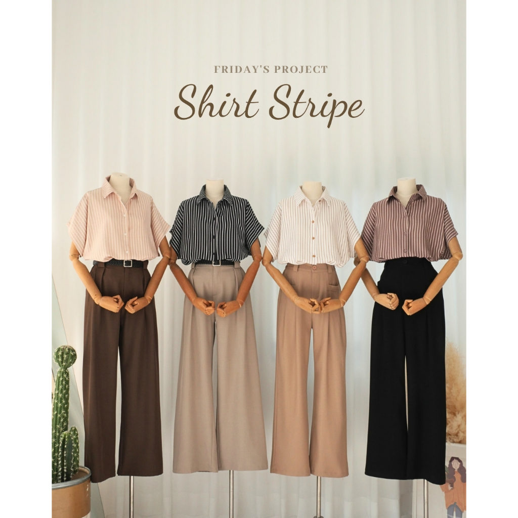 shirt stripe เสื้อเชิ๊ตผ้าพริ้วลายทางผ้าไม่ต้องรีด
