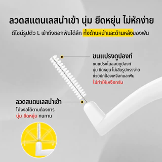 แปรงซอกฟันรูปตัว L ขนแปรงนุ่ม ทำจากสแตนเลส ใช้สำหรับทำความสะอาดอุปกรณ์จัดฟัน มีจำหน่ายในแพ็ค 10 ชิ้น และ 20 ชิ้น