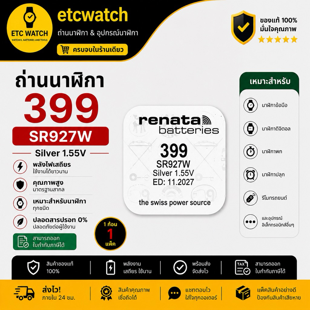 พร้อมส่ง> ถ่านกระดุม Renata SR927W / 399 1 ก้อน สำหรับ GA-1000 GA-1100 GA-300 GA-310