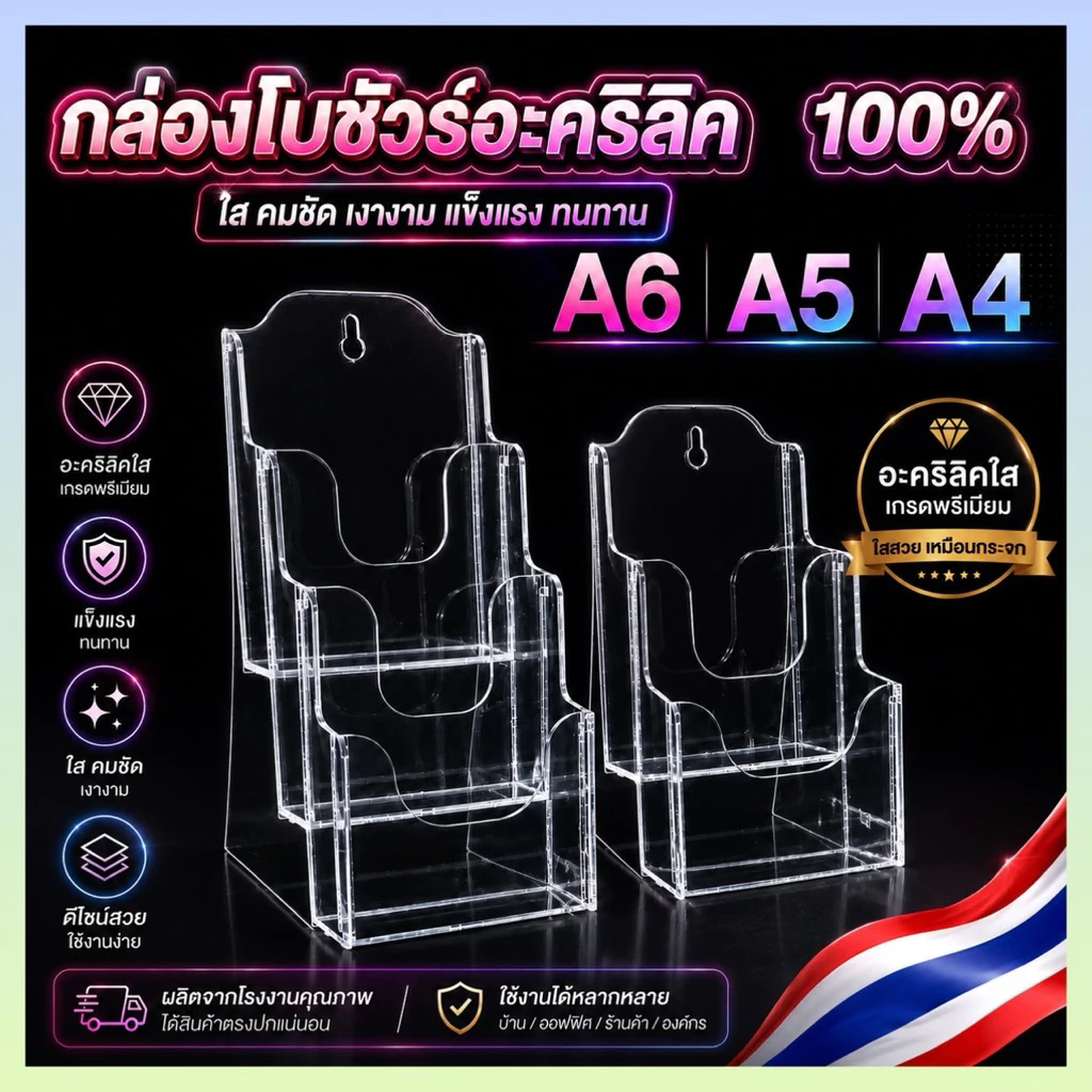 กล่องโบชัวร์ A6 A5 A4 ครบเซตอะคริลิคใส งานแท้ใสกริ้ง100% แข็งแรง หนา มาตรฐาน