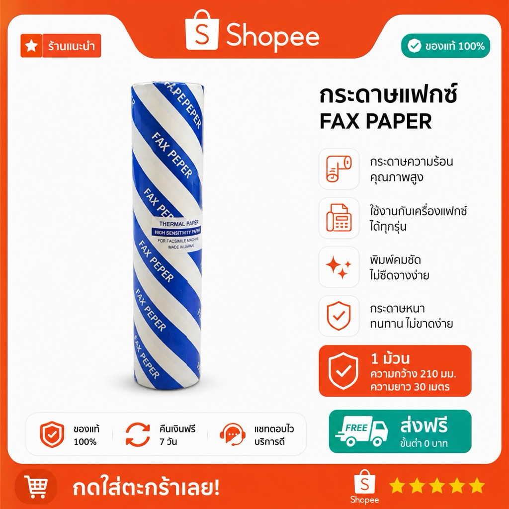 กระดาษแฟกซ์ - กระดาษความร้อน - ขนาด 210 mm x 30 x 1 cm - รุ่น FAX210 - จำนวน 1 ม้วน