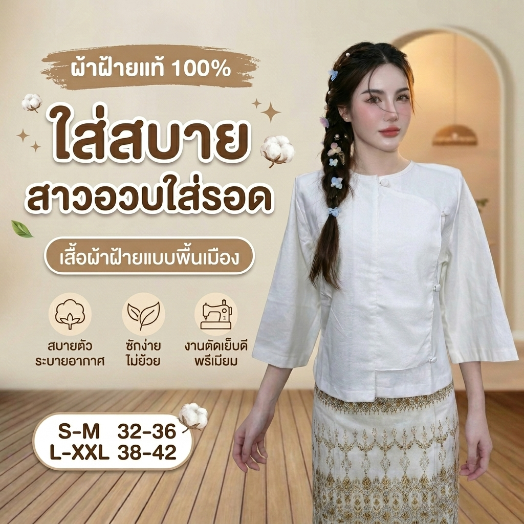 เสื้อผ้าฝ้ายพื้นเมือง สำหรับสาวอวบ แบบไทยประยุกต์ ณัฐสินี รุ่นนลินทิพย์ ผ้าฝ้ายแท้ ดีไซน์สวยงาม