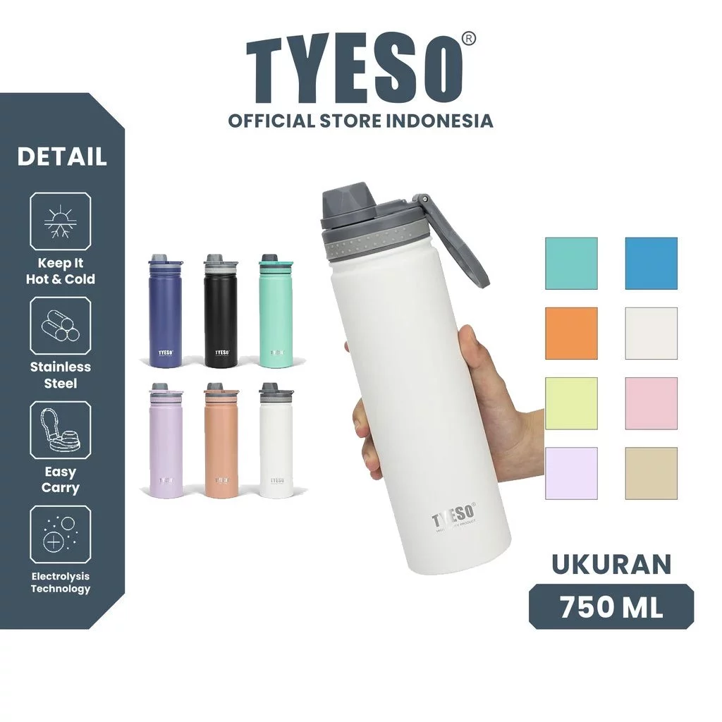 TYESO (พร้อมส่ง) ขวดน้ำสแตนเลสเก็บอุณหภูมิได้ทั้ง ได้ทั้ง ร้อน/เย็น พร้อมหูหิ้ว สแตนเลส 304 มี