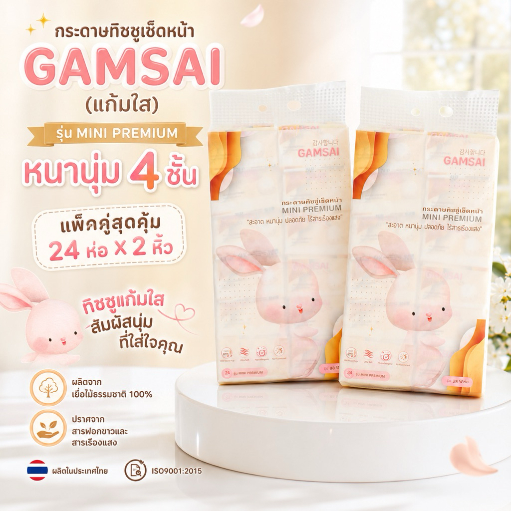 แพคคู่มินิ 2หิ้ว*24ห่อ Gamsaiแก้มใสกระดาษทิชชู่เช็ดหน้ารุ่นมินิ หนา4ชั้น 280แผ่น70ชิ้นจากโรงงานผลิต