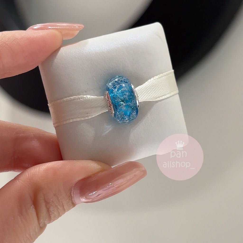 (ของแท้100%)❣️แถมกล่อง Pandora Turquoise Murano Glass & Glitter Charm ชาร์ม มูราโน่ สีฟ้า