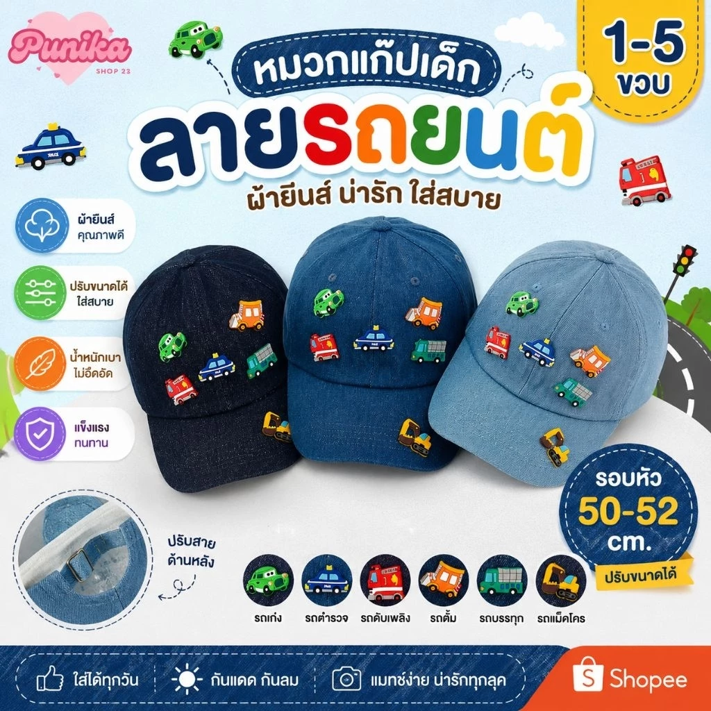[พร้อมส่ง] หมวกแก๊ปเด็ก หมวกเด็ก 1-5 ขวบ ผ้ายีนส์วินเทจ ลายรถยนต์น่ารัก รอบหัว 50-52 cm. ปรับขนาดได้ หมวกเบสบอลเด็ก