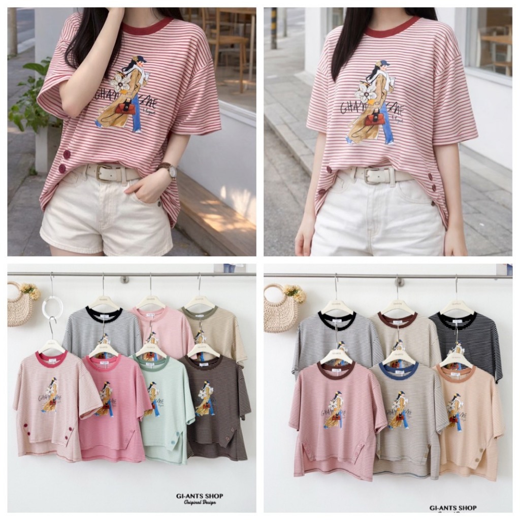 ป้าย Gi-ant เสื้อผ้าคอตตอนริ้วคอกลมแขนสั้นแต่งกระดุมหน้าสั้นหลังยาว อก 44 นิ้ว