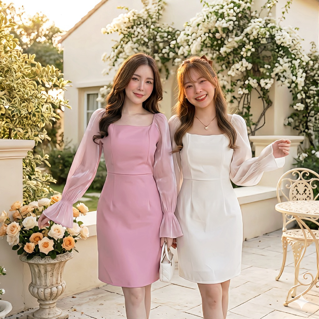 C98-Elsa dress เดรสแขนพองฟรุ้งฟริ้ง ทรงสอบเข้ารูปสวย ปลายแขนใส่เรเยอร์จับจีบปลาย