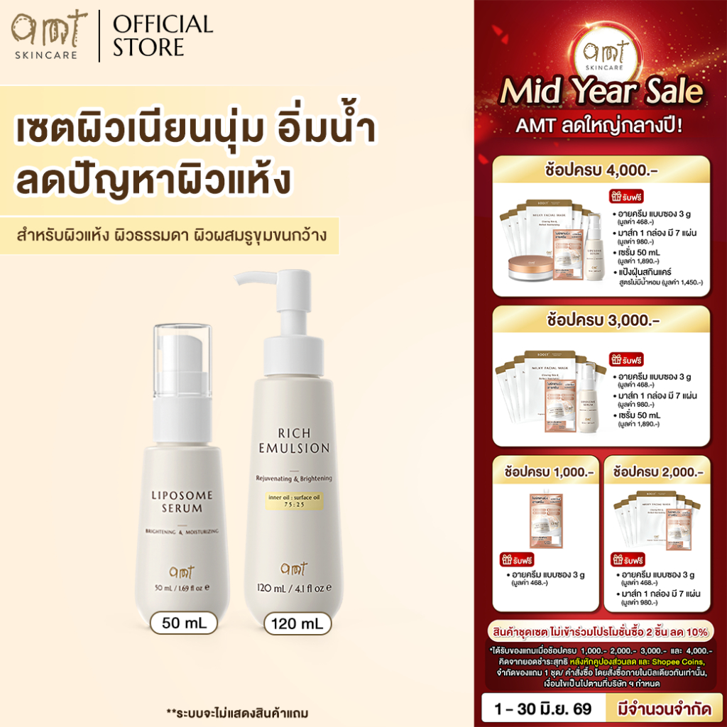 เซตผิวอิ่มน้ำ ปรับสมดุลความมัน ป้องกันสิวจากต้นตอ (สำหรับผิวแห้ง ผิวธรรมดา) - Liposome Serum 50mL & Rich Emulsion 120mL