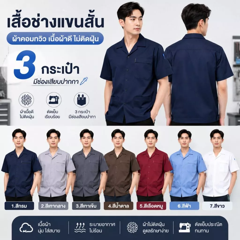 เสื้อช็อป เสื้อช่างแขนสั้น ผ้าคอมทวิว 3กระเป๋า สีพื้น มีช่องเสียบปากกา เนื้อผ้าดี ไม่ติดฝุ่น งานตัดเย็บเรียบร้อยพร้อมส่ง