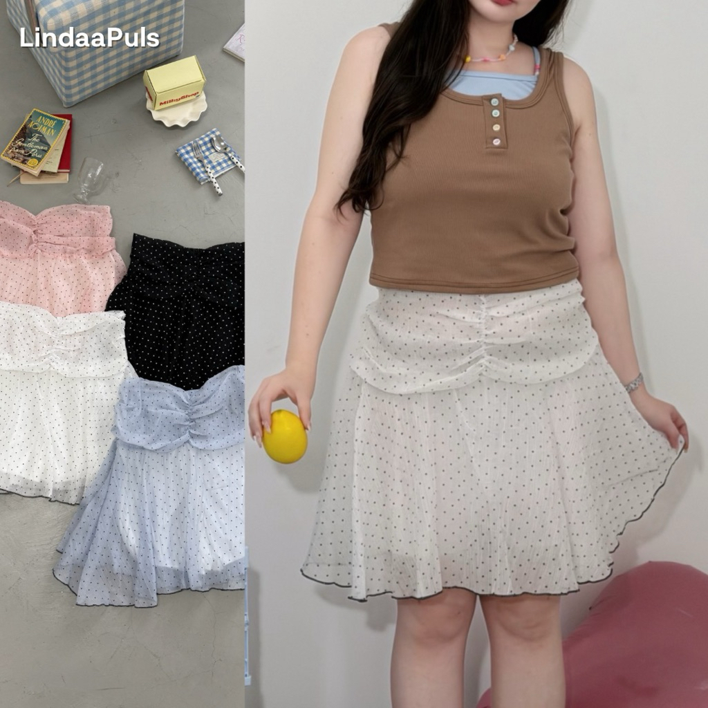 LindaaPlus--  กระโปรงลายจุดสาวอวบอ้วน Polka Dot Midi Skirt^ྀི⋆.˚ ดีเทลช่วงเอว จับจีบแต่งย่นๆ แต่งขอบตัดสีเพิ่มความน่ารัก