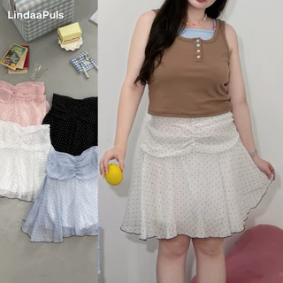 LindaaPlus-- กระโปรงลายจุดสาวอวบอ้วน Polka Dot Midi Skirt^ྀི⋆.˚ ดีเทลช่วงเอว จับจีบแต่งย่นๆ แต่งขอบตัดสีเพิ่มความน่ารัก