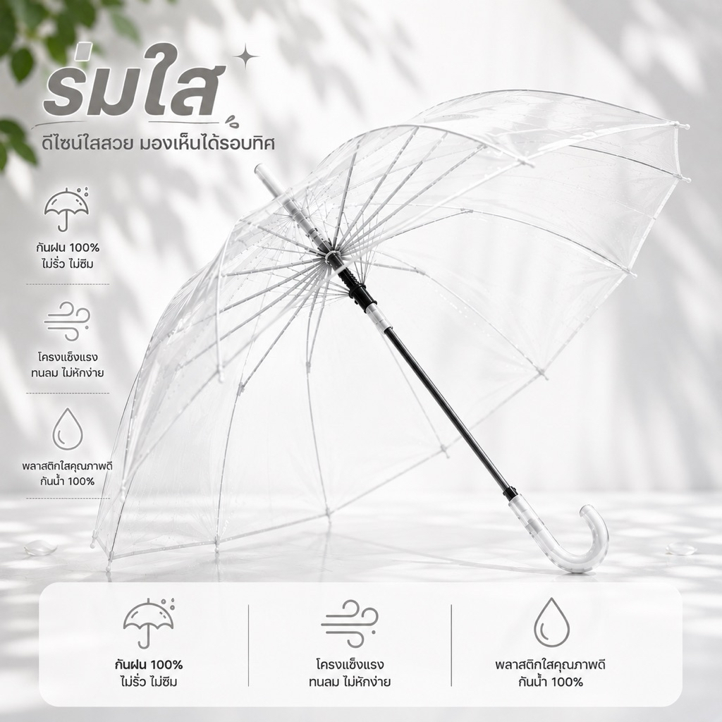 ร่มใส PVC สีร่มโปร่งใส กันฝน 100% มองเห็นรอบทิศทาง ด้ามจับโค้ง น้ำหนักเบา
