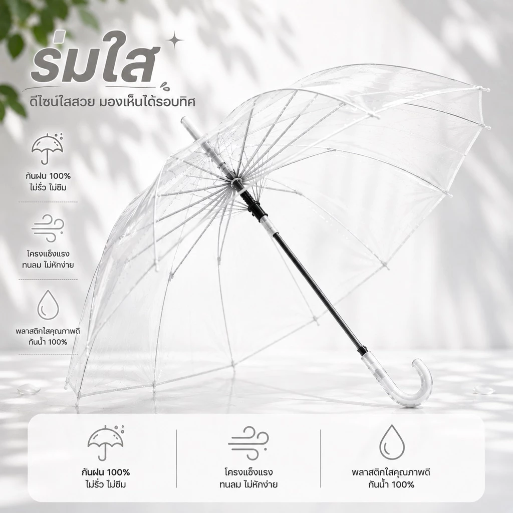 ร่มใส PVC สีร่มโปร่งใส กันฝน 100% มองเห็นรอบทิศทาง ด้ามจับโค้ง น้ำหนักเบา