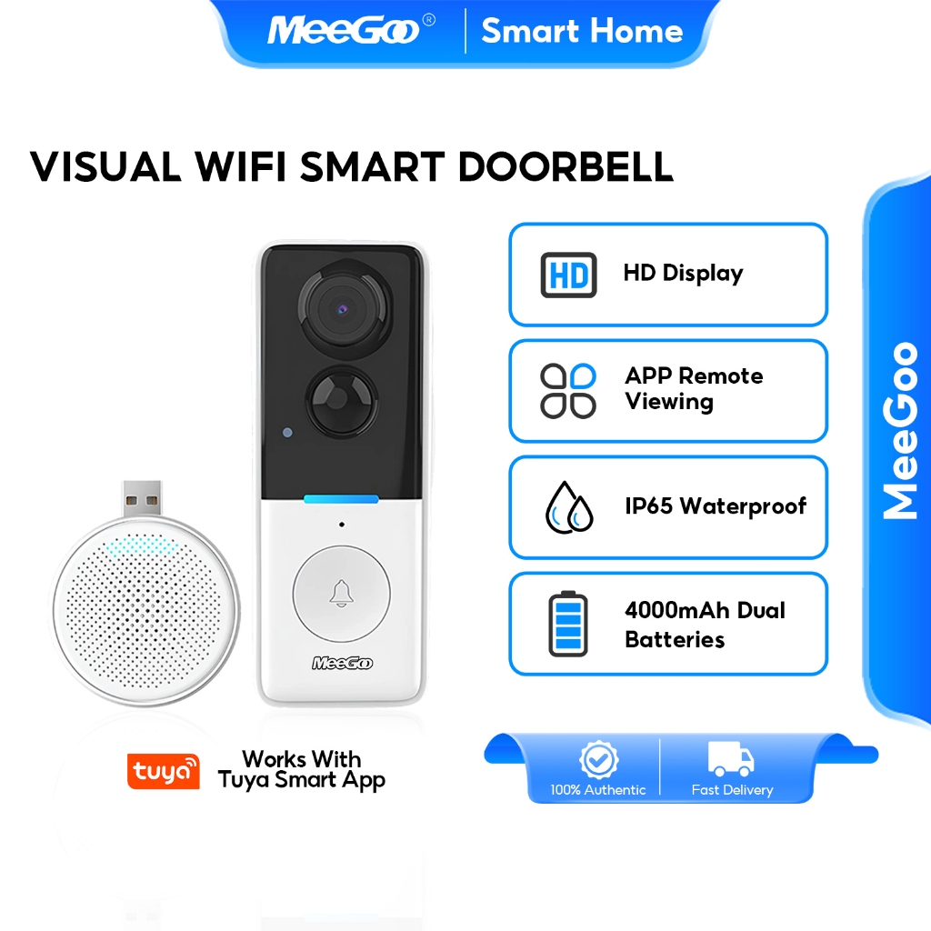 MeeGoo กริ่งประตูไร้สาย Smart Doorbell วิดีโอHDเรียลไทม์ รองรับแอพโทรศัพท์มุมมองระยะไกล Wifiออดประตู