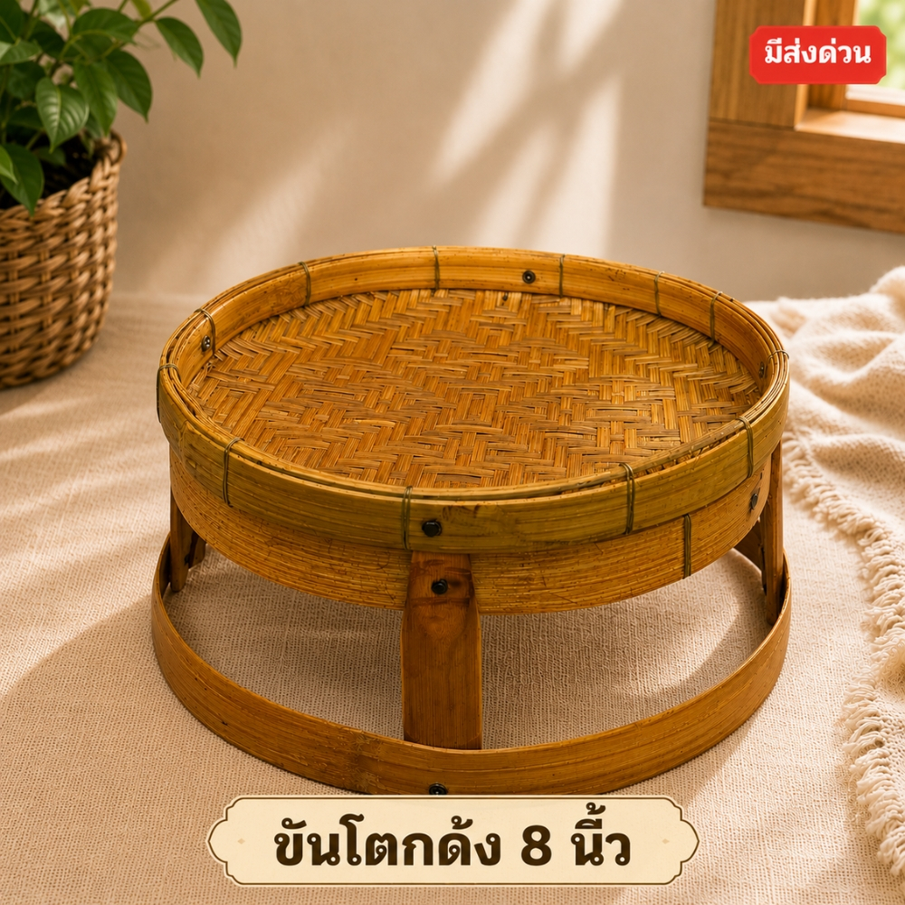 ขันโตกไม้ไผ่ 8 นิ้ว ขันโตก โต๊ะอาหาร โตกด้ง ทรงกระด้ง ใช้กินข้าว หรือ จัดหน้าร้าน (ขันโตกด้ง8นิ้ว)