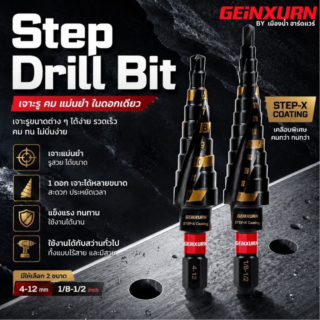 (พร้อมส่งในไทย) GEinXURN step drill bit ดอกสว่านขั้นบันได 2 แบบ แบบมิล (4-12mm) แบบหุน (1/8-1/2") (อุปกรณ์เสริม)