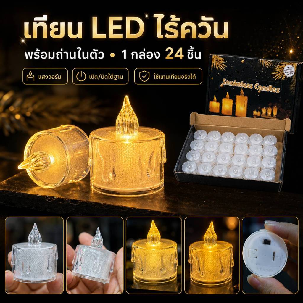 เทียน LED เทียนไฟปลอม เทียนไร้ควัน 24 ชิ้น พร้อมถ่านในตัว เทียนแต่งหิ้งพระ งานบุญ งานแต่ง ของชำร่วย