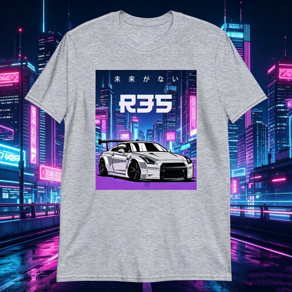 เสื้อยืดลายรถสปอร์ต R35 สไตล์นีออน ธีมเรโทรแบบทรอปิคอล R35 สีเทา
