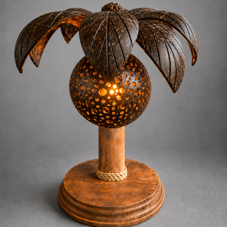 โคมไฟกะลามะพร้าว (ฐานไม้) ต้นไม้ 1 ลูก งานแฮนด์เมด Coconut lamp  ของขวัญตกแต่งบ้าน
