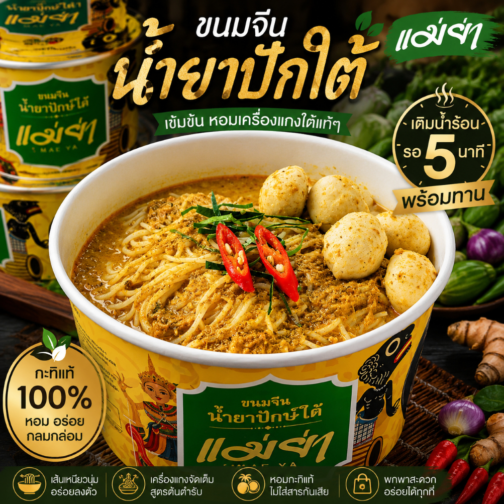 แม่ย่า ขนมจีนกึ่งสำเร็จรูป  น้ำยาปักษ์ใต้ น้ำยาป่า น้ำยากะทิ น้ำเงี้ยว เขียวหวาน ถ้วยใหญ่ พร้อมทานใน 5 นาที