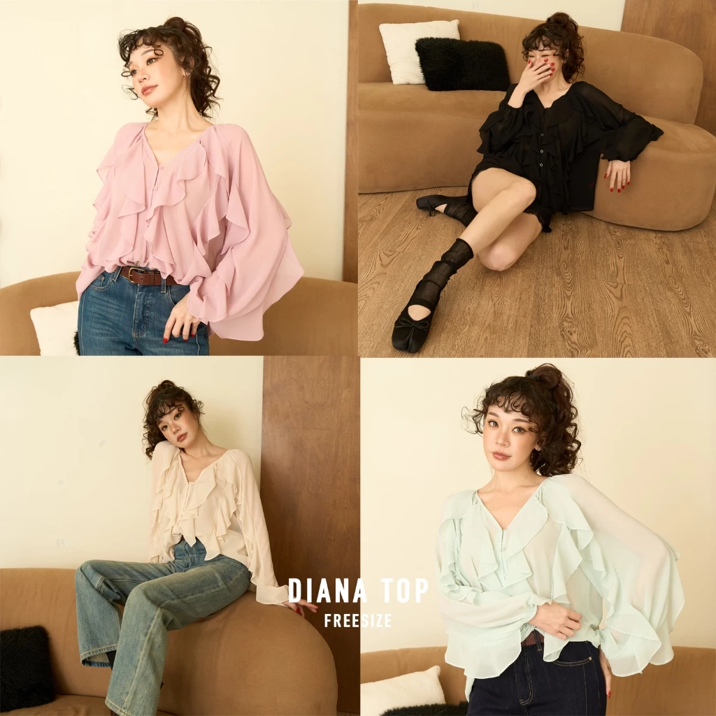 [Diana Top] ดีเทลระบายน่ารักมาก ความเป็นคอวียิ่งเสริมลุคให้ดูผอมเพรียวที่สุด ผ้าชีฟองเนื้อปานกลาง ใส่สบายเทสดีสุดๆ