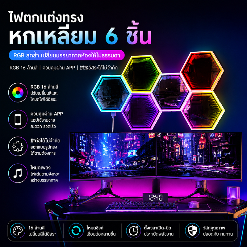สุดคุ้ม! ไฟตกแต่งผนังรูปรังผึ้ง LED หกเหลี่ยม ราคาพิเศษ เลือกได้ 3 ชิ้น / 6 ชิ้น / 10 ชิ้น / 12 ชิ้น เปลี่ยนสีรีโมทได้ 1