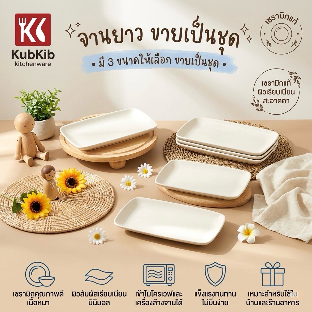 (ขายเป็นชุด) จานเซรามิค จานสีเหลี่ยมผืนผ้า(จานยาว) ขนาด 8”-9"-10“ ขายเป็นชุดค่ะ ชุดละ3ใบ