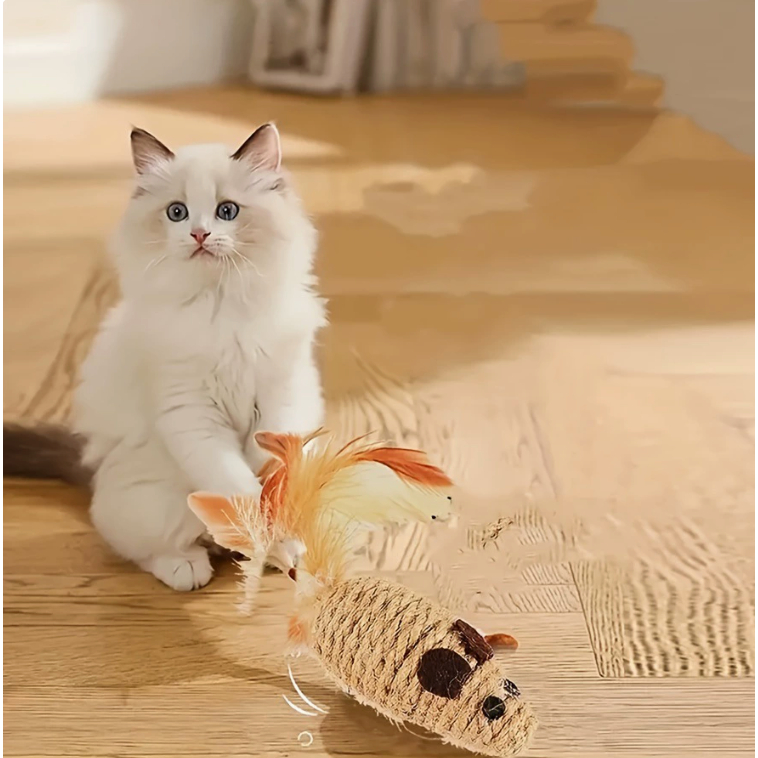AL-2884 ของเล่นแมว ของเล่นขัดฟัน หนูทำจากเชือกถัก ปลายขนนก แมวชอบ เล่นสนุก พร้อมส่ง