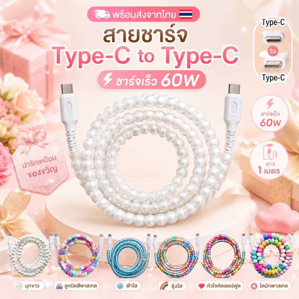 🚚ส่งจากไทย🚚 |สายชาร์จType-C to Type-C 1เมตร ลายไข่มุก พร้อมส่งในไทย ชาร์จไว ใช้งานสะดวก