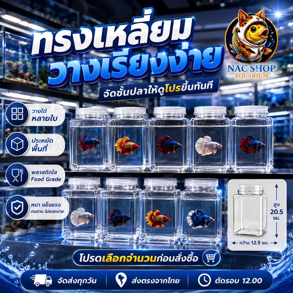 NAC.Shop โหลพลาสติกใส หน้าเรียบ  แถมฝา โหลปลา โหลใส่ปลากัด เลี้ยงปลากัด ทนทาน ไม่มีรอยต่อ