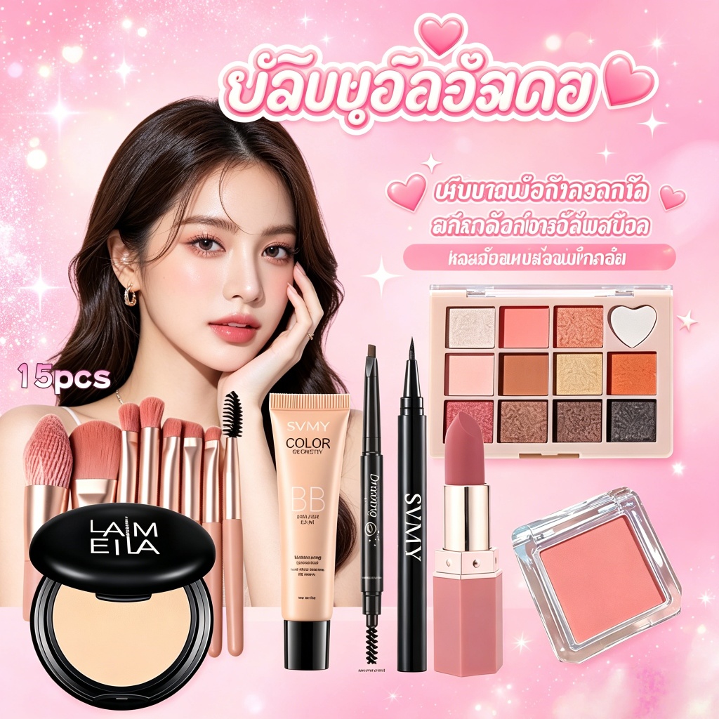 ชุดเมคอัปฮิต 15 ชิ้น มีอายแชโดว์ รองพื้น ลิปสติกครบชุด สำหรับมือใหม่ แต่งหน้าได้สไตล์ดารา คุ้มค่าสุดๆ