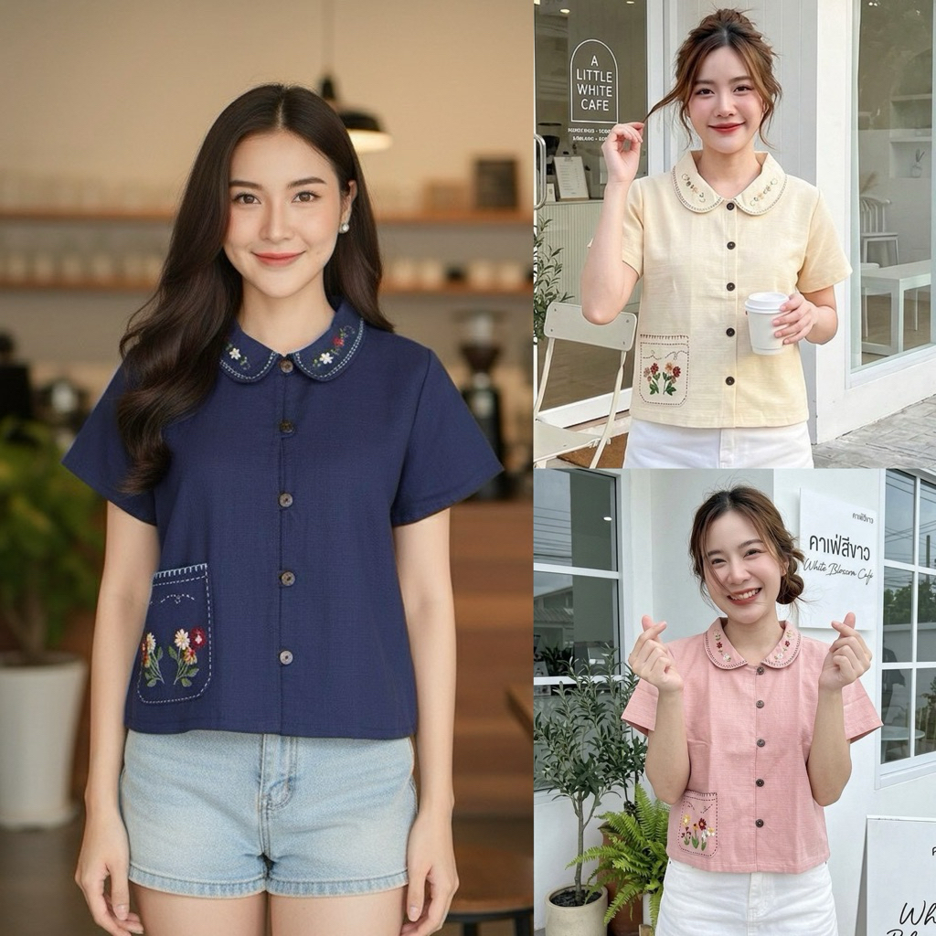 เสื้อผ้าฝ้ายชินมัยคอบัว ปักดอกไม้น่ารักๆ มินิมอล