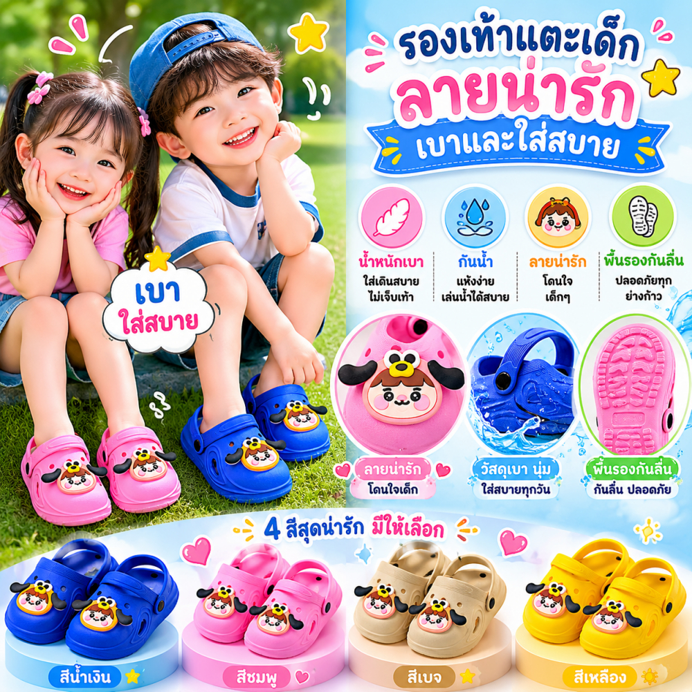 รองเท้าแตะเด็กแบบมีรู ทนทานต่อแรงกระแทกและแรงกด กันลื่น นุ่มและยืดหยุ่น สวมใส่สบาย ไม่รัดเท้า