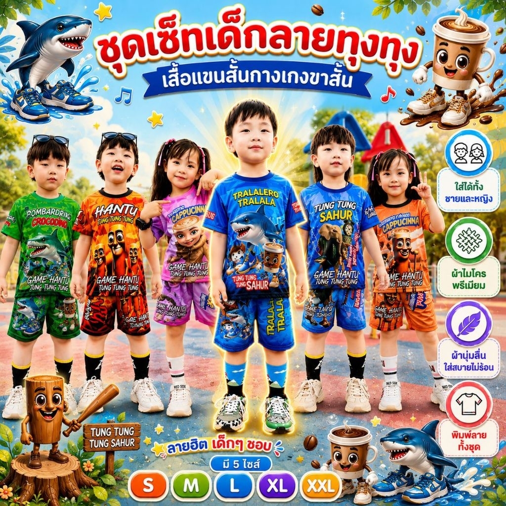 ชุดเด็กฮิตๆ ลายทุงทุง เสื้อแขนสั้นกางเกงขาสั้นผ้า ไมโครเนื้อเรียบ