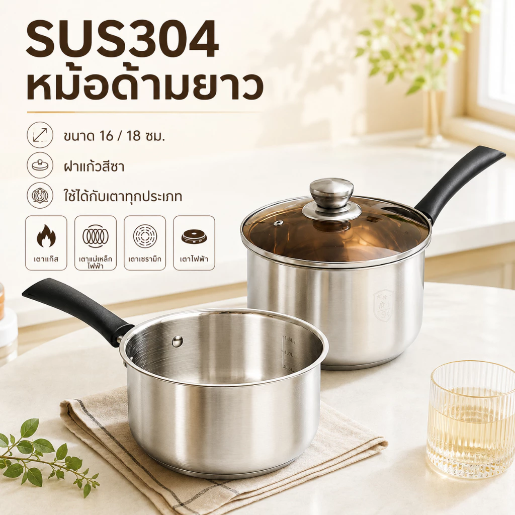 หม้อสแตนเลส พร้อมฝา ด้ามกันร้อน หม้อต้มนม หม้อโจ๊ก 16/18 ซม ใช้ได้ทุกเตา ไม่เป็นสนิม