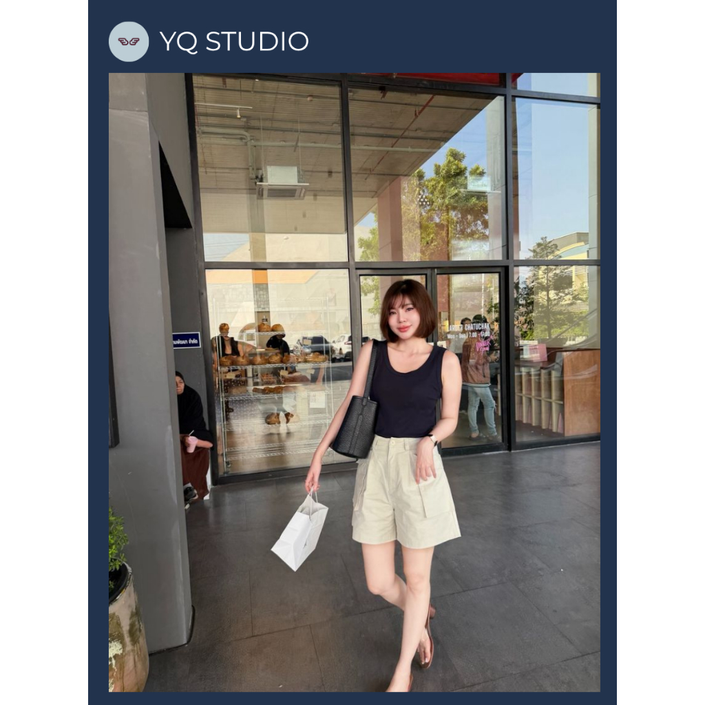A707 YQ KOREAN SHOP Erika Short Pants กก.ขาสั้นเอวสูงแต่ง กป. 2 ข้างทรงสวย เก็บหุ่นมาก ป้ายYQ