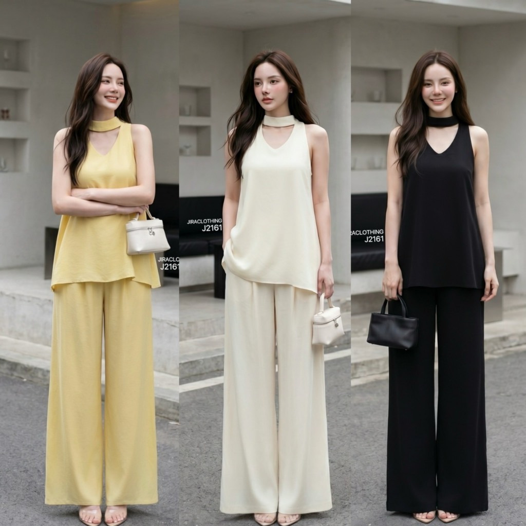J2161 JiraClothing  ชุดเซตดีเทลคอวีเว้าสายคาดคอ+กางเกงเอวสูงทรงกระบอกใหญ่