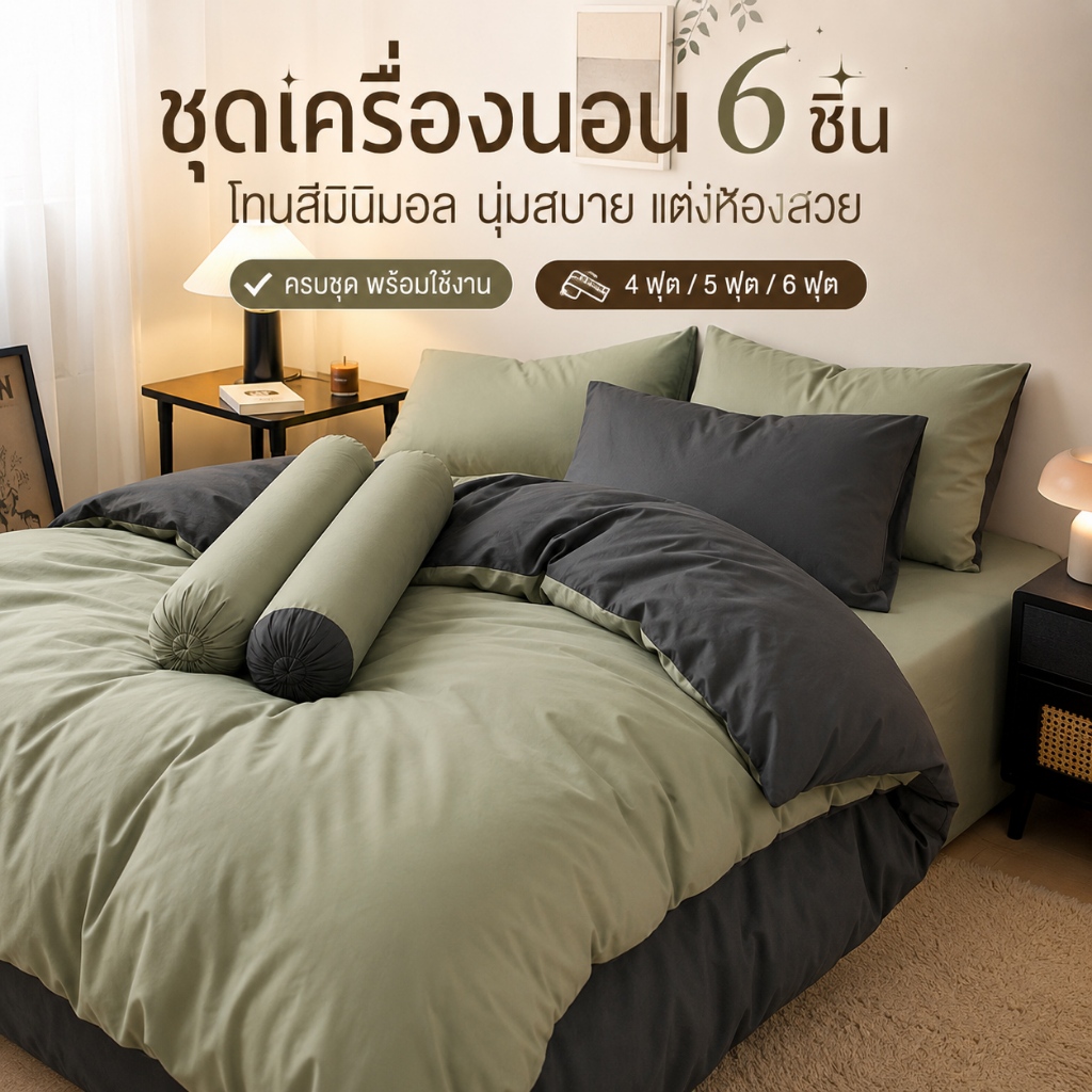ผ้าปูที่นอนครบเซ็ต 6 ชิ้น พร้อมผ้านวม มีขนาด 3.5/5/6 ฟุต