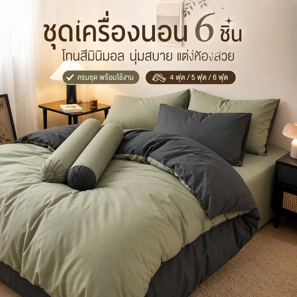 ผ้าปูที่นอนครบเซ็ต 6 ชิ้น พร้อมผ้านวม มีขนาด 3.5/5/6ฟุต