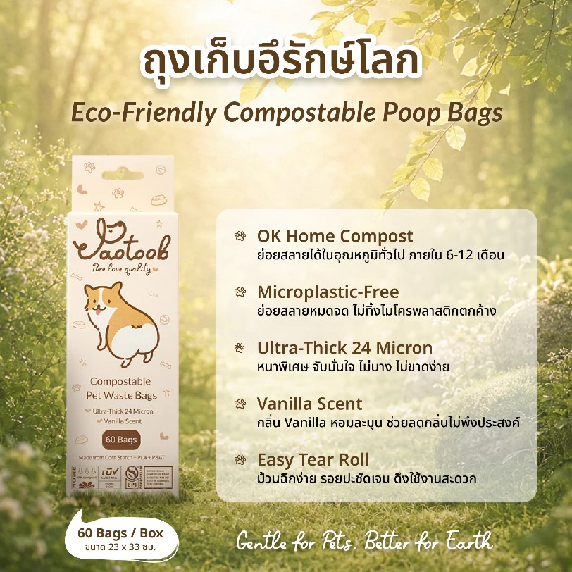 Jaotoob ถุงเก็บอึสัตว์เลี้ยง Eco Friendly ย่อยสลายง่ายได้ 100% OK Home Compost หนาพิเศษ 24 Micron กลิ่น Vanilla